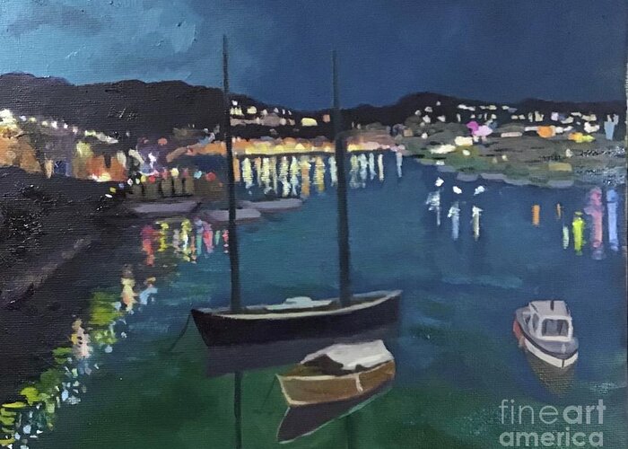 Boat Greeting Card featuring the painting Nighttime Harbor by Anne Marie Brown