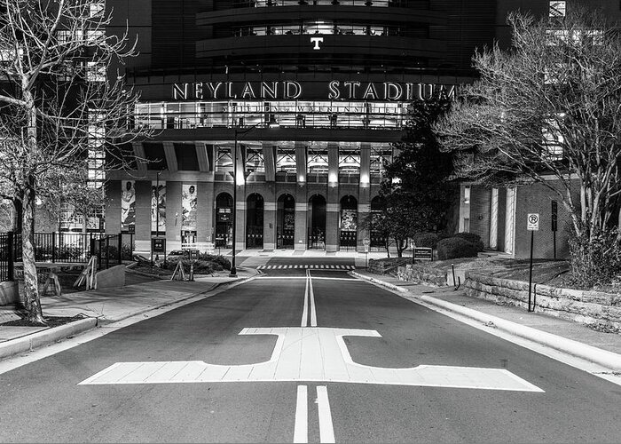 University Of Tennessee At Night Greeting Card featuring the photograph Neyland Stadium at the University of Tennessee at night in black and white by Eldon McGraw
