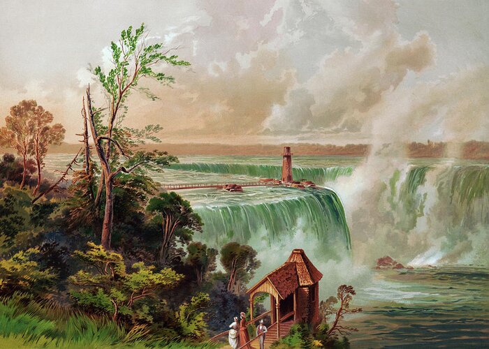 Niagara Falls Greeting Card featuring the painting Niagara Falls Lithograph - Circa 1875 by War Is Hell Store