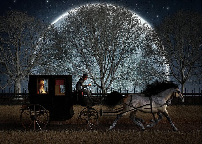 Carriage Horse Lady Trees Moon Blue Night Nightfall Greeting Card featuring the digital art Night Carriage by Alisa Williams