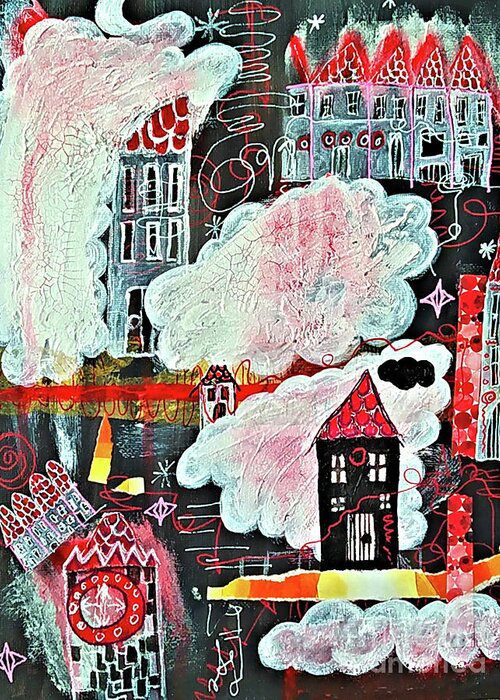Nacht Greeting Card featuring the mixed media Night in the Cloud Village by Mimulux Patricia No
