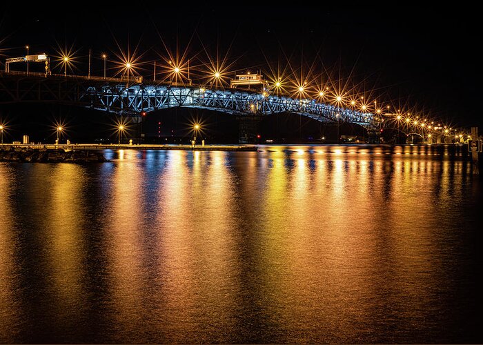 Coleman Bridge Greeting Card featuring the photograph Night Lights in Yorktown by Lara Morrison