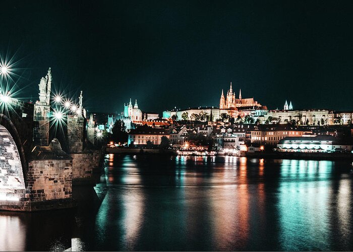 Lamps Greeting Card featuring the photograph Night long exposition of Charles Bridge in Prague by Vaclav Sonnek