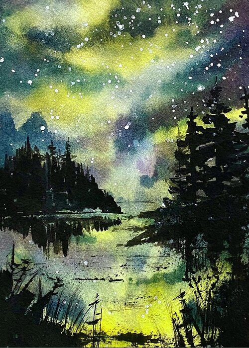 Night Sky Greeting Card featuring the painting Night Skies over Acadia by Kellie Chasse