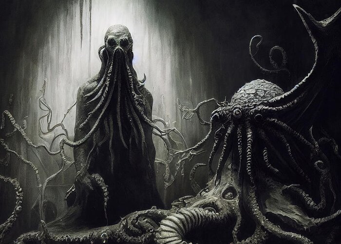 Cthulhu Greeting Card featuring the painting Nightmares are living in our World, 10 by AM FineArtPrints