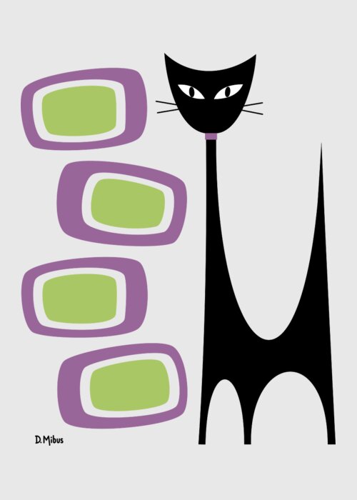 Atomic Greeting Card featuring the digital art No Background Atomic Cat Purple Green by Donna Mibus