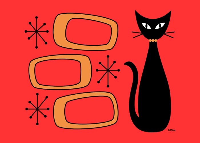 Mid Century Modern Greeting Card featuring the digital art No Background Cat with Oblongs Orange by Donna Mibus