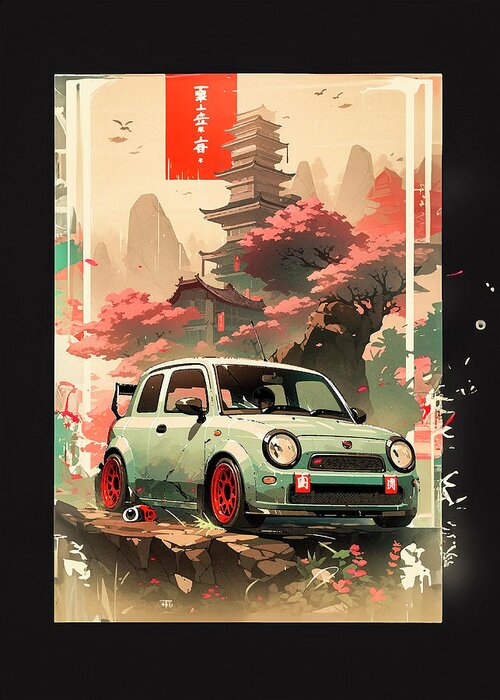 Nissan Greeting Card featuring the drawing No00053 My Nissan Cube car ukiyo-e japanese style by Clark Leffler