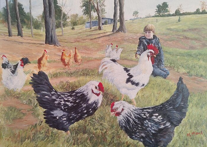 Landscape Greeting Card featuring the painting Noah and his Chickens by ML McCormick