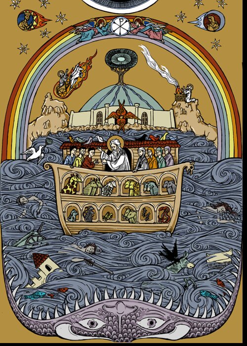 Illustration Greeting Card featuring the drawing Noah and the Cosmic Flood in Color by Jonathan Pageau