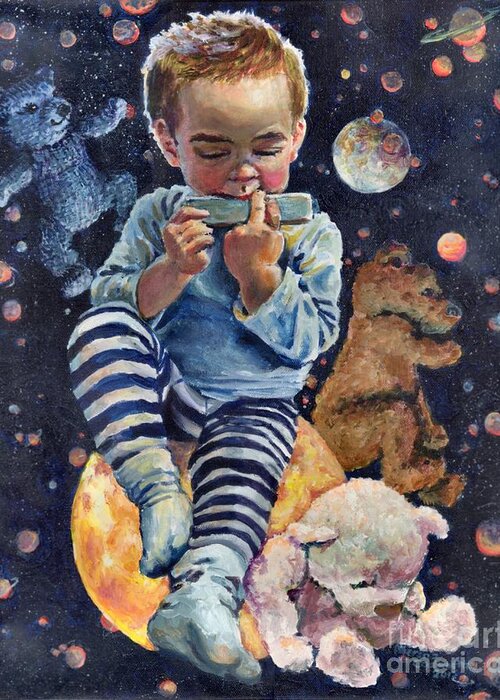 Boy Greeting Card featuring the painting Nocturne on Harmonica for Bear Trio by Merana Cadorette