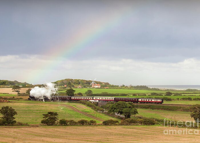 Weybourne Greeting Card featuring the photograph Norfolk steam train with Weybourne windmill and rainbow by Simon Bratt