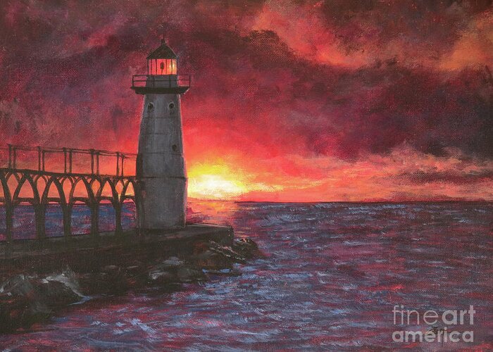 North Pierhead Greeting Card featuring the painting North Pierhead Lighthouse by Zan Savage