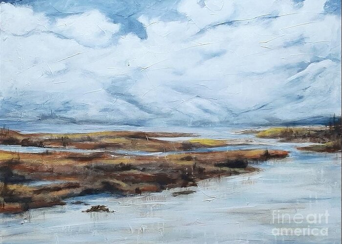 Sky Water Land Mountain Blue White Brown Sienna Ochre Black Reflection Landscape Waterscape Impressionistic Greeting Card featuring the painting Northern Estuary by Ida Eriksen