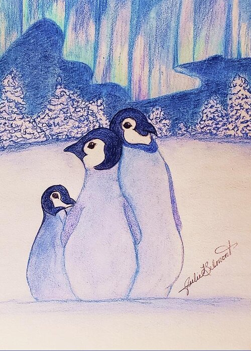 Penguins Greeting Card featuring the drawing Northern Light Penguins by Julie Belmont