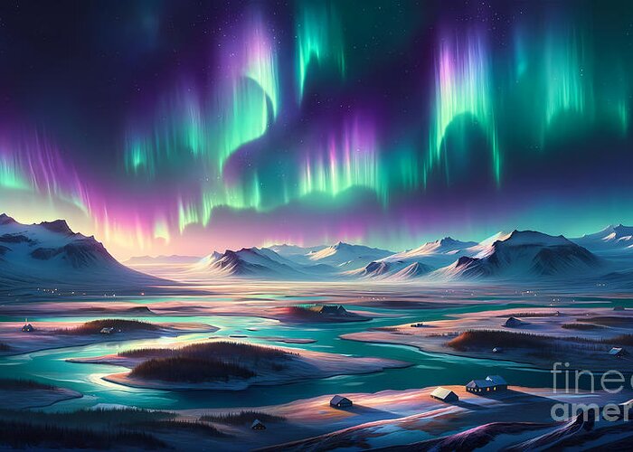 Aurora Greeting Card featuring the digital art Northern Lights over Iceland, The Aurora Borealis dancing over an Icelandic landscape by Jeff Creation