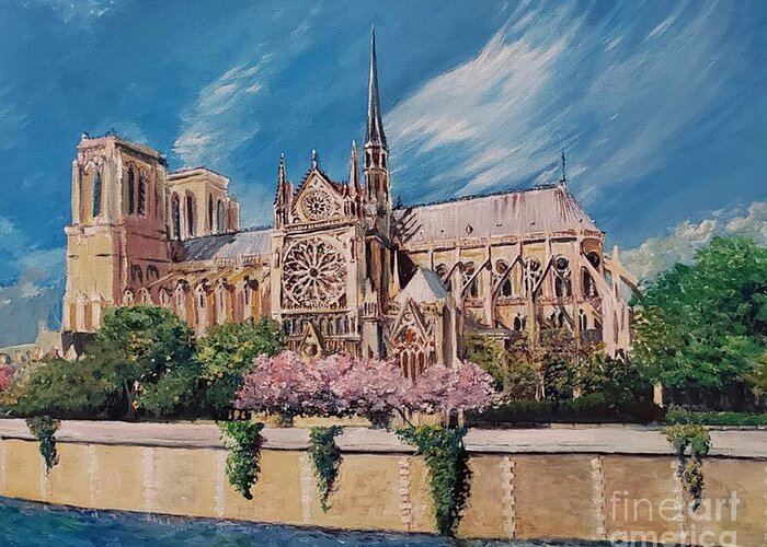 Notre Dame Greeting Card featuring the painting Notre Dame by Merana Cadorette