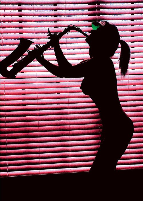 Silhouette Greeting Card featuring the photograph Nude Red Blinds Sax Silhouette by Tom Baptist