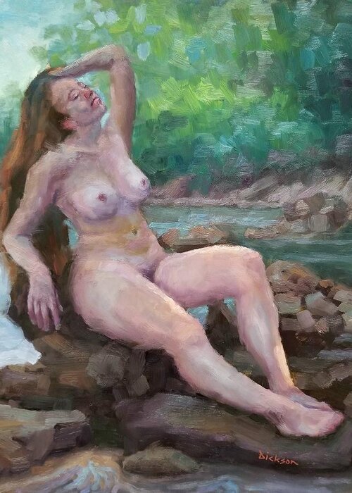 Plein Air Greeting Card featuring the painting Nude woman by creek by Jeff Dickson