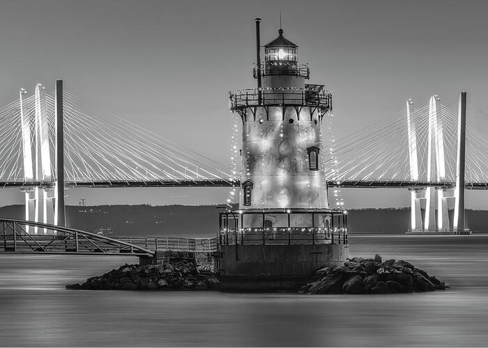 Tappanzee Bridge Greeting Card featuring the photograph NY Tarrytown Lighthouse BW by Susan Candelario