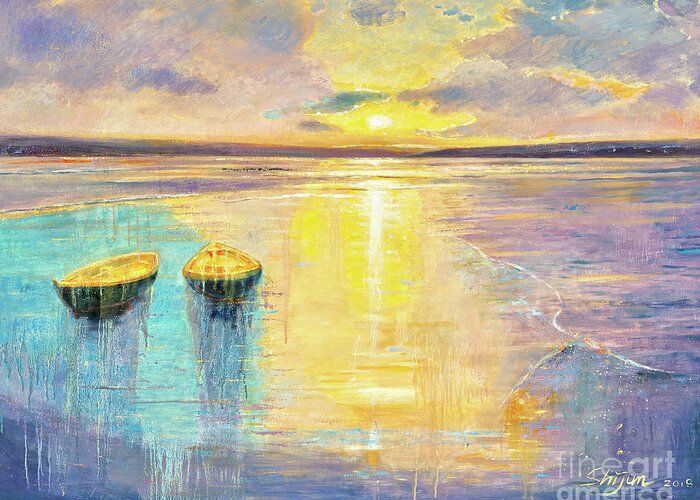 Landscape Greeting Card featuring the painting Ocean Sunset by Shijun Munns