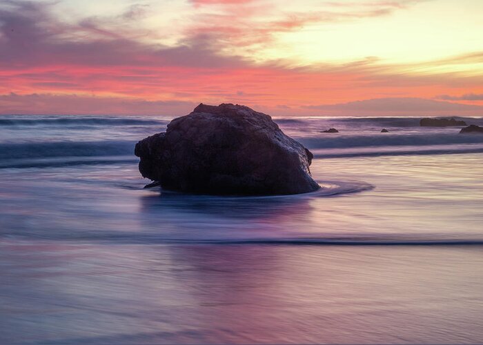Coastal Sunset Greeting Card featuring the photograph Ocean Swirling Around a Rock at Sunset by Matthew DeGrushe