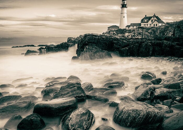 Sepia Greeting Card featuring the photograph Ocean Waters Over The Rocks Below Portland Head Lighthouse - Sepia Edition by Gregory Ballos