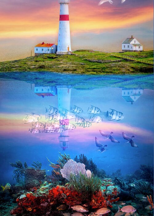 Birds Greeting Card featuring the digital art Ocean's Jewels Lighthouse and Reef by Debra and Dave Vanderlaan