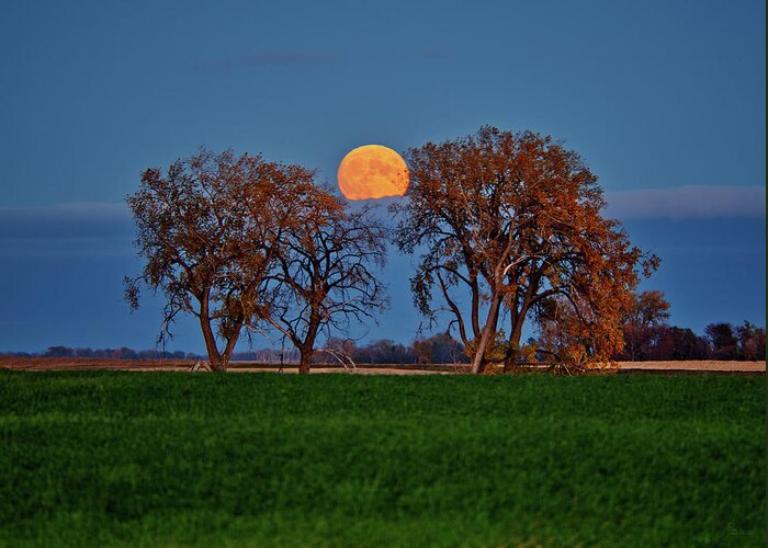Hunters Moon Greeting Card featuring the photograph October Hunter's Moon rises above cloud bank in rural ND #1 of 2 by Peter Herman