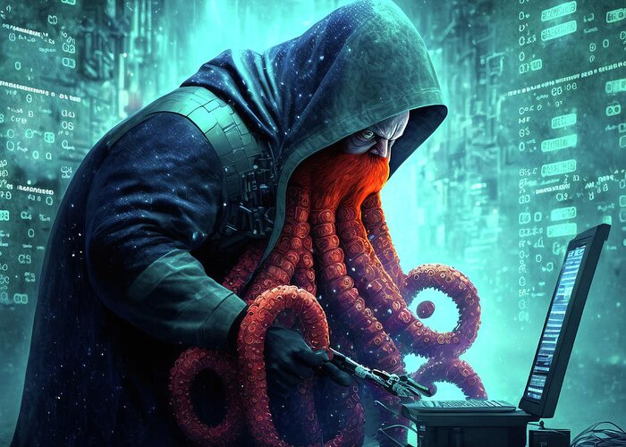 Programmer Greeting Card featuring the digital art Octopus Hacker writing Code 03 by Matthias Hauser
