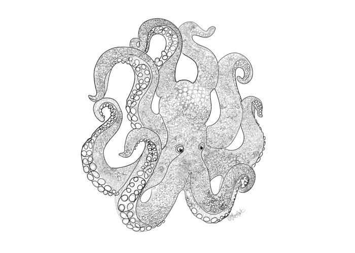Olena Art Greeting Card featuring the digital art Octopus Of The Sea Line Drawing  by Lena Owens - OLena Art Vibrant Palette Knife and Graphic Design