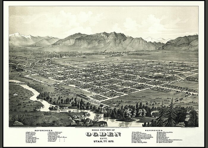 Ogden Greeting Card featuring the photograph Ogden Utah Vintage Map Birds Eye View 1875 by Carol Japp