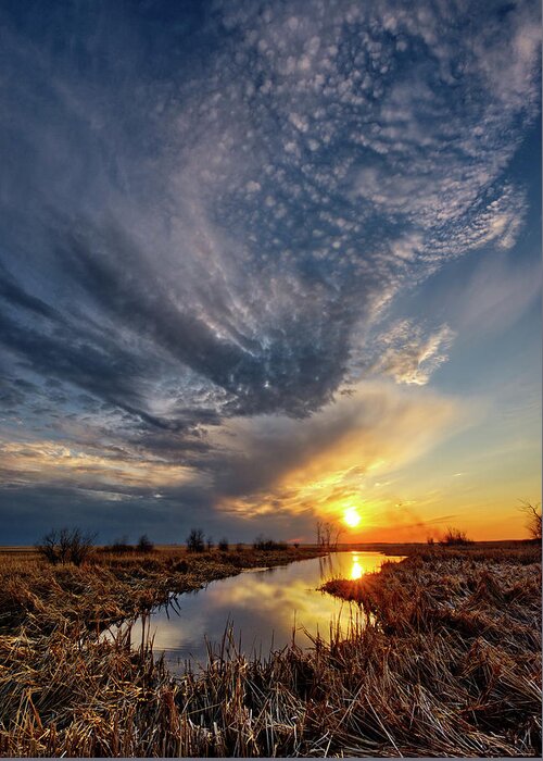 Nd Greeting Card featuring the photograph Oh Beautiful for Spacious Skies - ND sunset at a spring pond with cloud face by Peter Herman