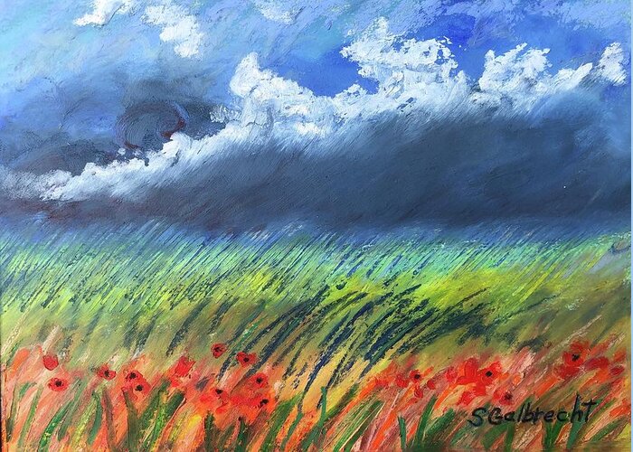 Red Flowers Greeting Card featuring the painting Oil Pastel Painting Of Cloudy Sky Over Flower Field by Shirley Galbrecht
