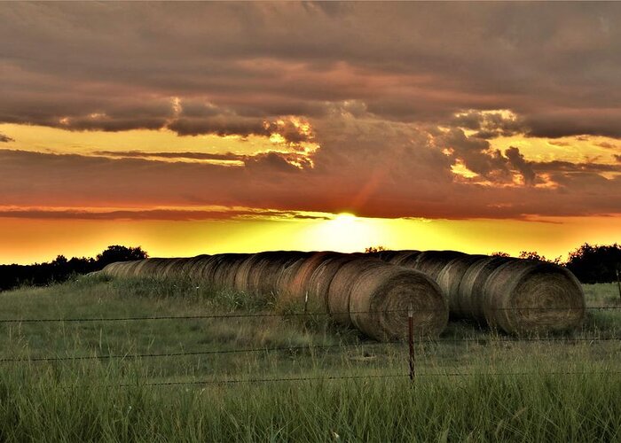Nature Greeting Card featuring the photograph Oklahoma Sunset Over Hay Bales by Sheila Brown