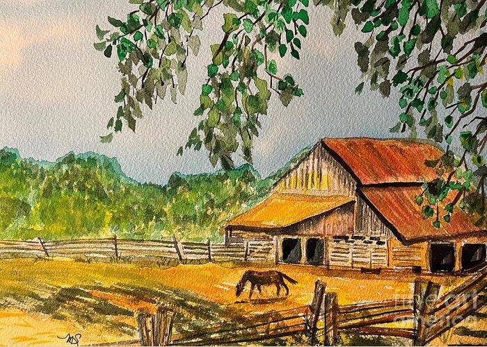 Watercolour Greeting Card featuring the painting Old Barn in Napa by Monika Shepherdson