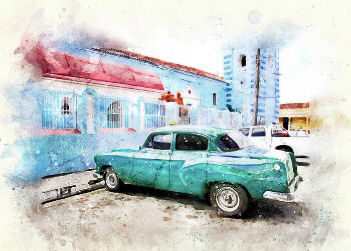 Cuba Greeting Card featuring the digital art Old Classic Car on Cuba City Street by Peggy Collins
