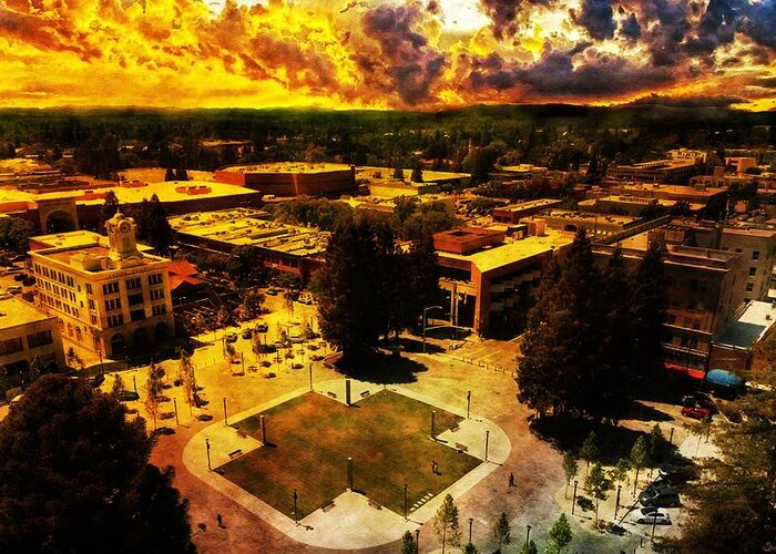 Santa Rosa Greeting Card featuring the digital art Old Courthouse Square in Santa Rosa, California, seen on sunset by Nicko Prints