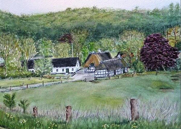 Landscape In Denmark Greeting Card featuring the painting Old Danish Farm House by Kelly Mills