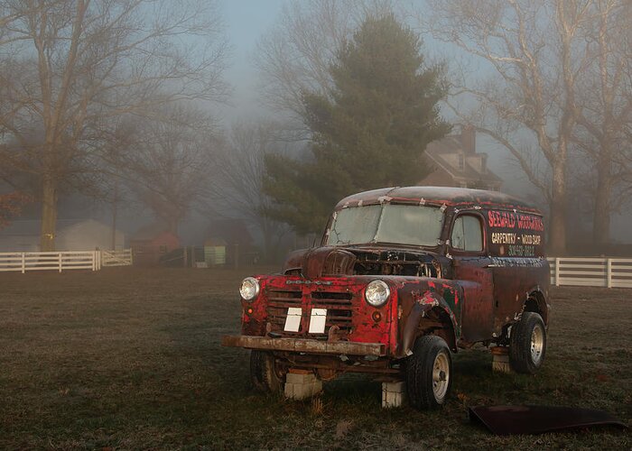 Old Greeting Card featuring the photograph Old Dodge in a Fog by Kristia Adams
