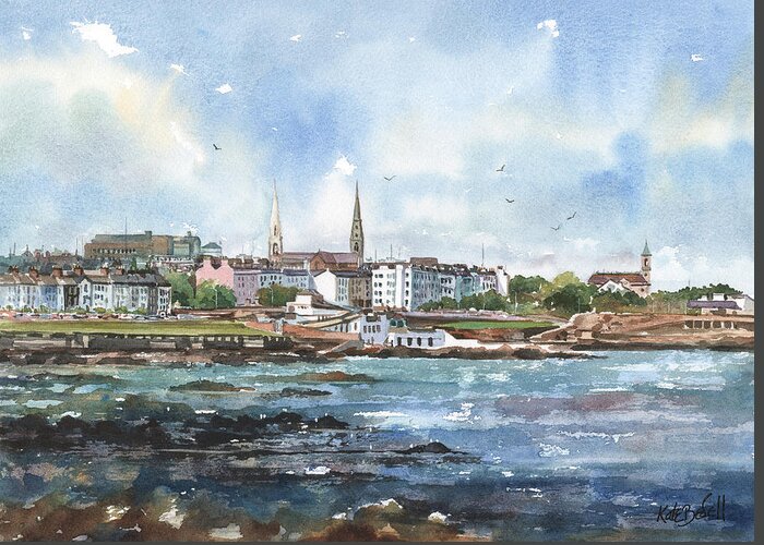Watercolour Greeting Card featuring the painting Old Dun Laoghaire Skyline by Kate Bedell