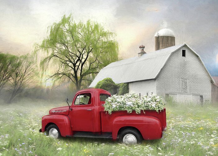 Truck Greeting Card featuring the mixed media Old Fashioned Spring in Red by Lori Deiter