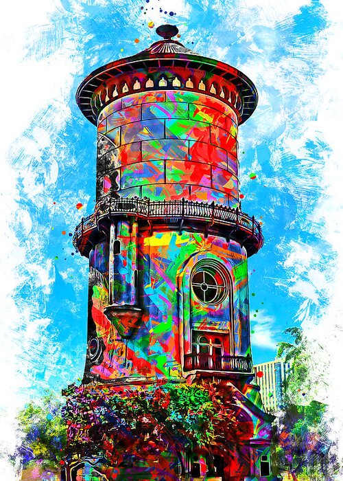 Old Water Tower Greeting Card featuring the digital art Old Fresno Water Tower - colorful painting by Nicko Prints