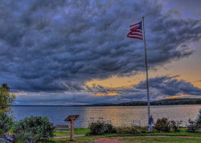 Upnorth Greeting Card featuring the photograph Old Glory Over North Twin Lake by Dale Kauzlaric