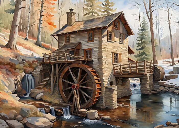 Gristmill Historic Americana Water Wheel Grain Miller Grinding Stones Flour Wheat Corn Sifting Miller's House Greeting Card featuring the digital art Old Grist Mill by Greg Joens