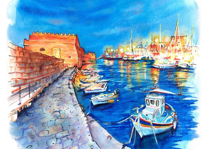 Heraklion Greeting Card featuring the painting Old Harbour of Heraklion At Night by Miki De Goodaboom