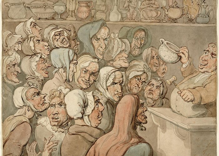 Thomas Rowlandson Greeting Card featuring the drawing Old Maids at a Sale of Curiosities by Thomas Rowlandson
