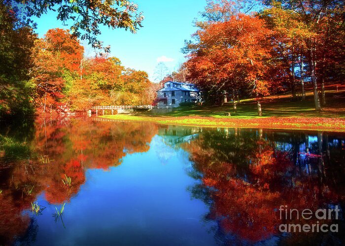 Old Mill House Pond In Autumn Fine Art Photograph Print With Vibrant Fall Colors Greeting Card featuring the photograph Old Mill House Pond in Autumn Fine Art Photograph Print with Vibrant Fall Colors by Jerry Cowart