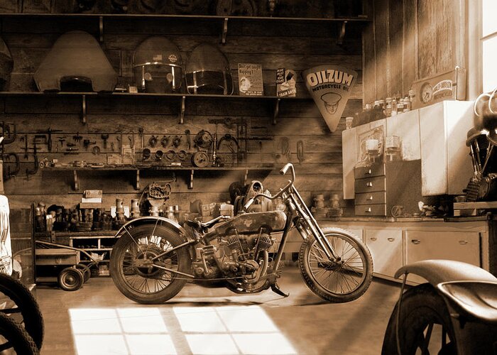 Motorcycle Greeting Card featuring the photograph Old Motorcycle Shop by Mike McGlothlen