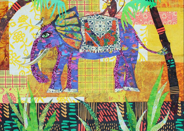 Whimsical Whimsy Elephant Elephants Monkey Monkeys Animal Animals Mammal Mammals Bird Birds Fanciful Yellows African Palm Tree Trees Collage Collages Mixed_media Greeting Card featuring the mixed media Old Pals by Li Newton
